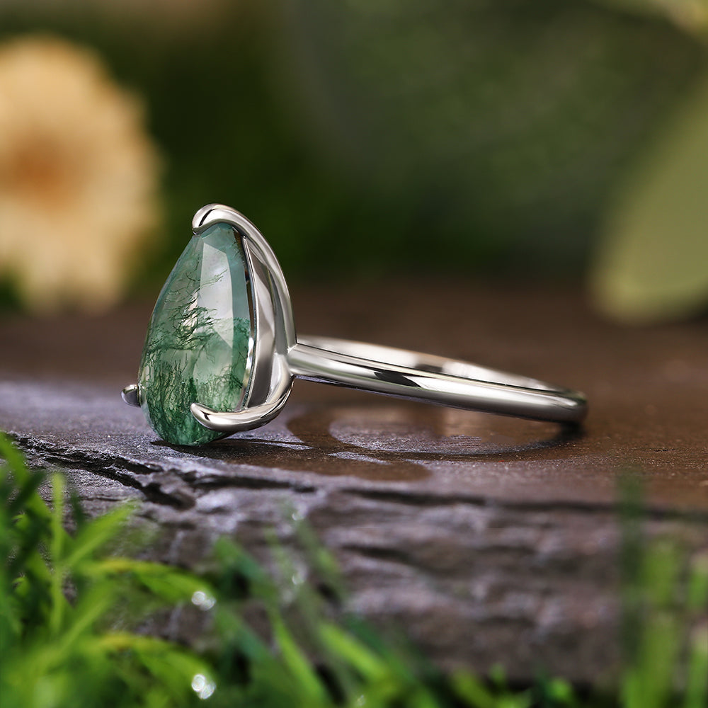 8x12mm Pear Cut Moss Agate Solitaire Minimalist Nature-Inspired Engagement Ring