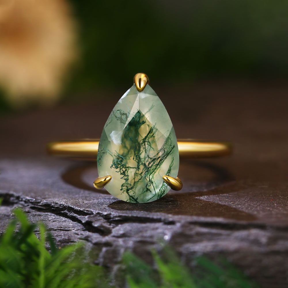 8x12mm Pear Cut Moss Agate Solitaire Minimalist Nature-Inspired Engagement Ring