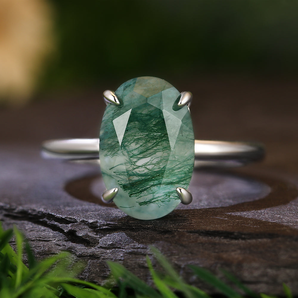 8x12mm Oval Cut Moss Agate Minimalist Nature-Inspired Solitaire Engagement Ring