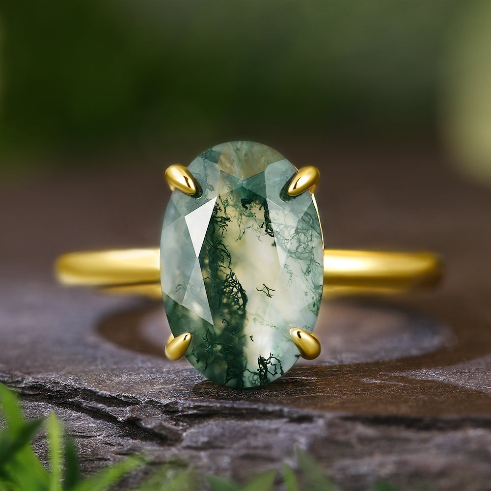 8x12mm Oval Cut Moss Agate Minimalist Nature-Inspired Solitaire Engagement Ring