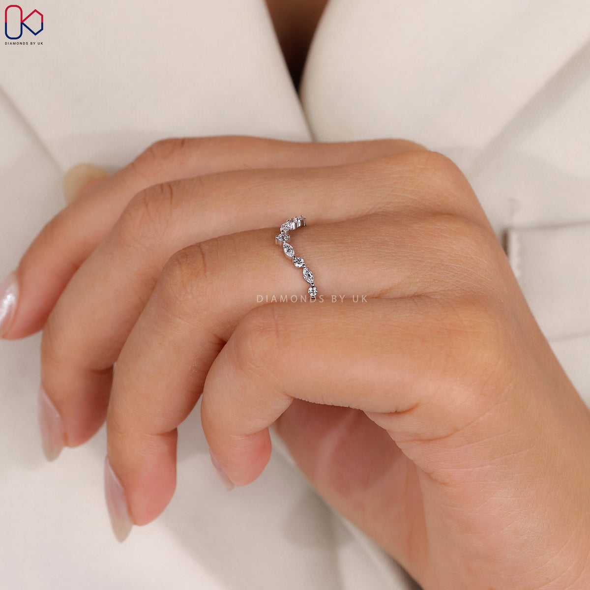 Marquise and Round Diamond Chevron Wedding Band