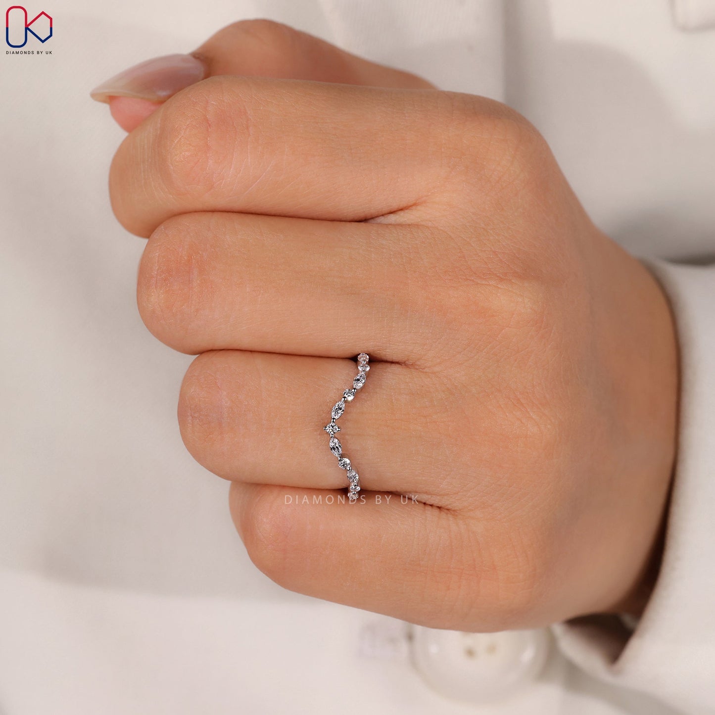 Marquise and Round Diamond Chevron Wedding Band