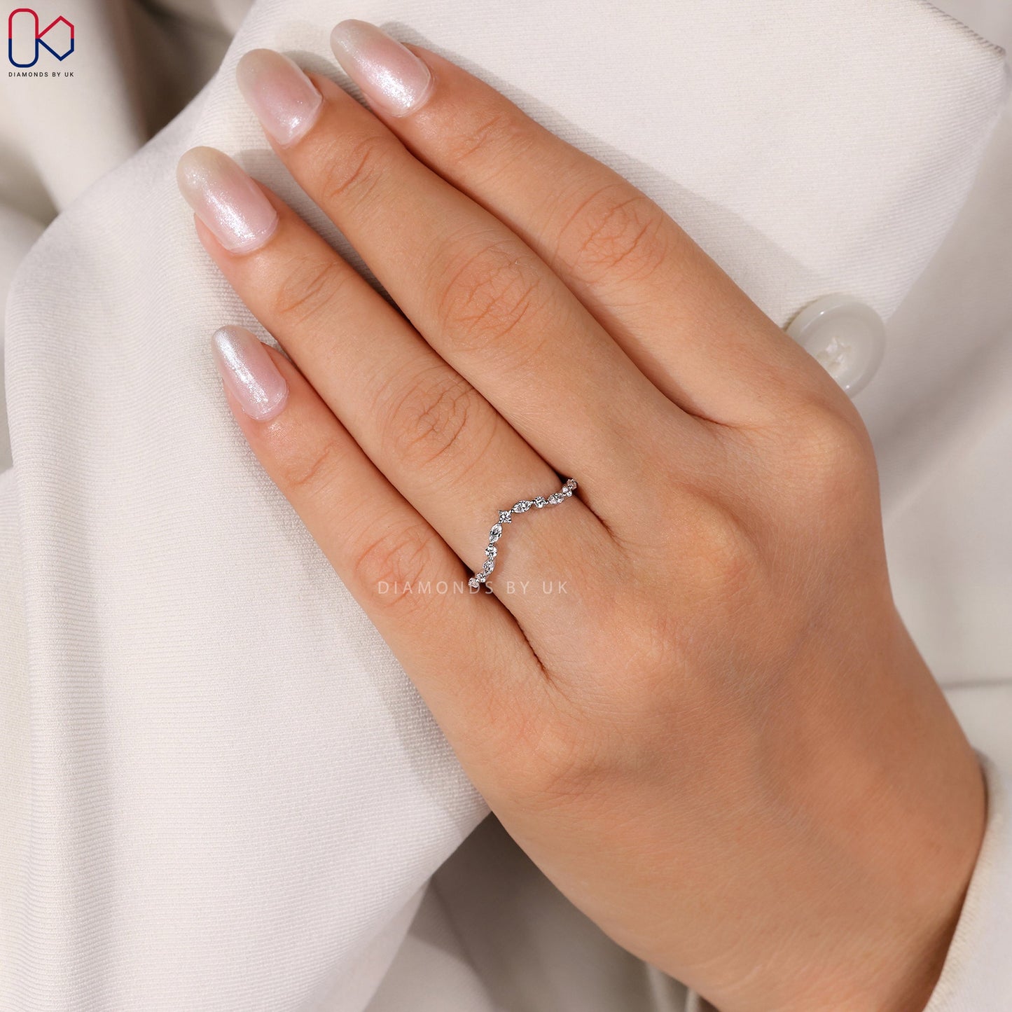 Marquise and Round Diamond Chevron Wedding Band