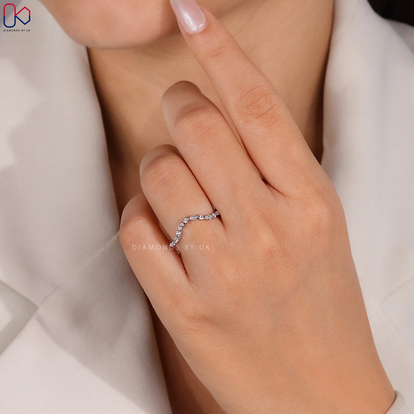 Marquise and Round Diamond Chevron Wedding Band