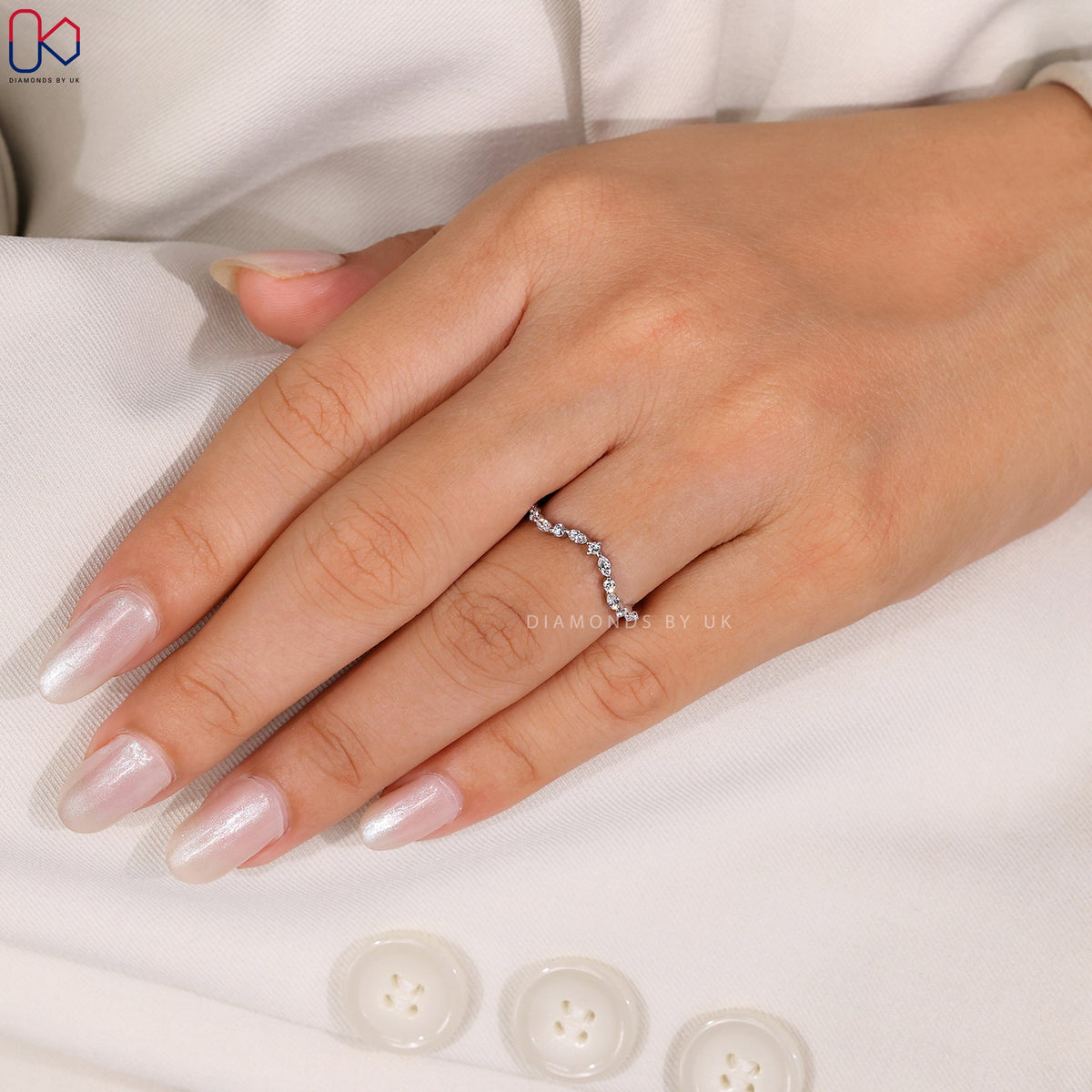 Marquise and Round Diamond Chevron Wedding Band