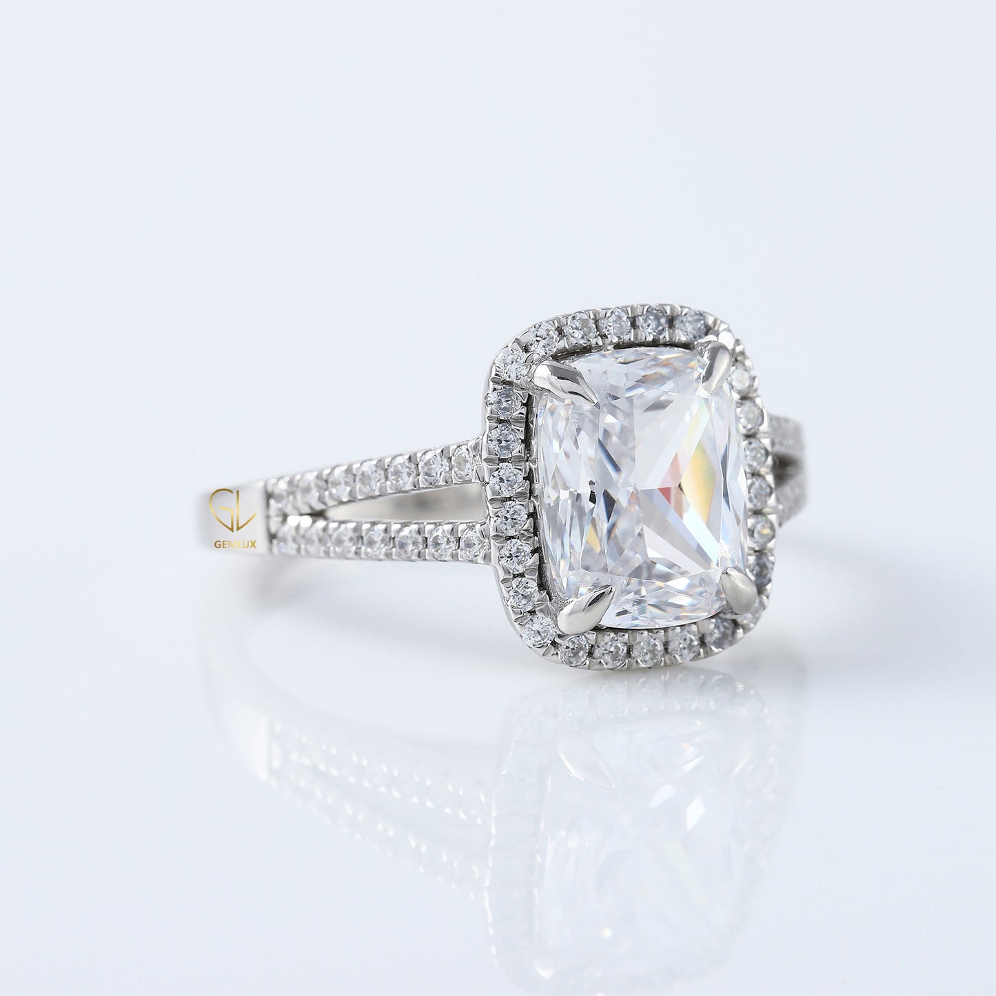 2.5 Ct Elongated Cushion Cut Moissanite Halo Split Shank White Gold Ring