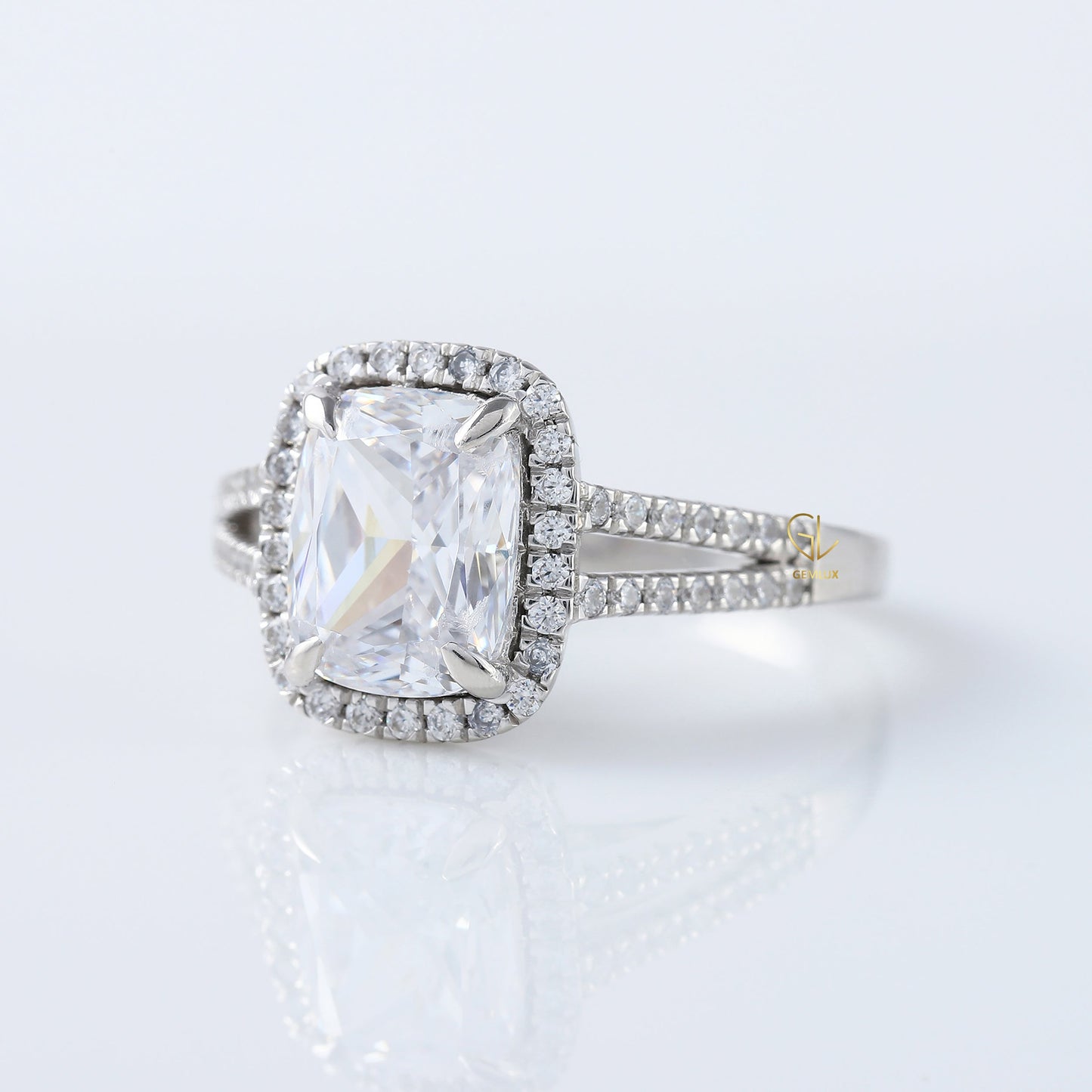 Split Shank Elongated Cushion Cut Lab Grown Halo Ring