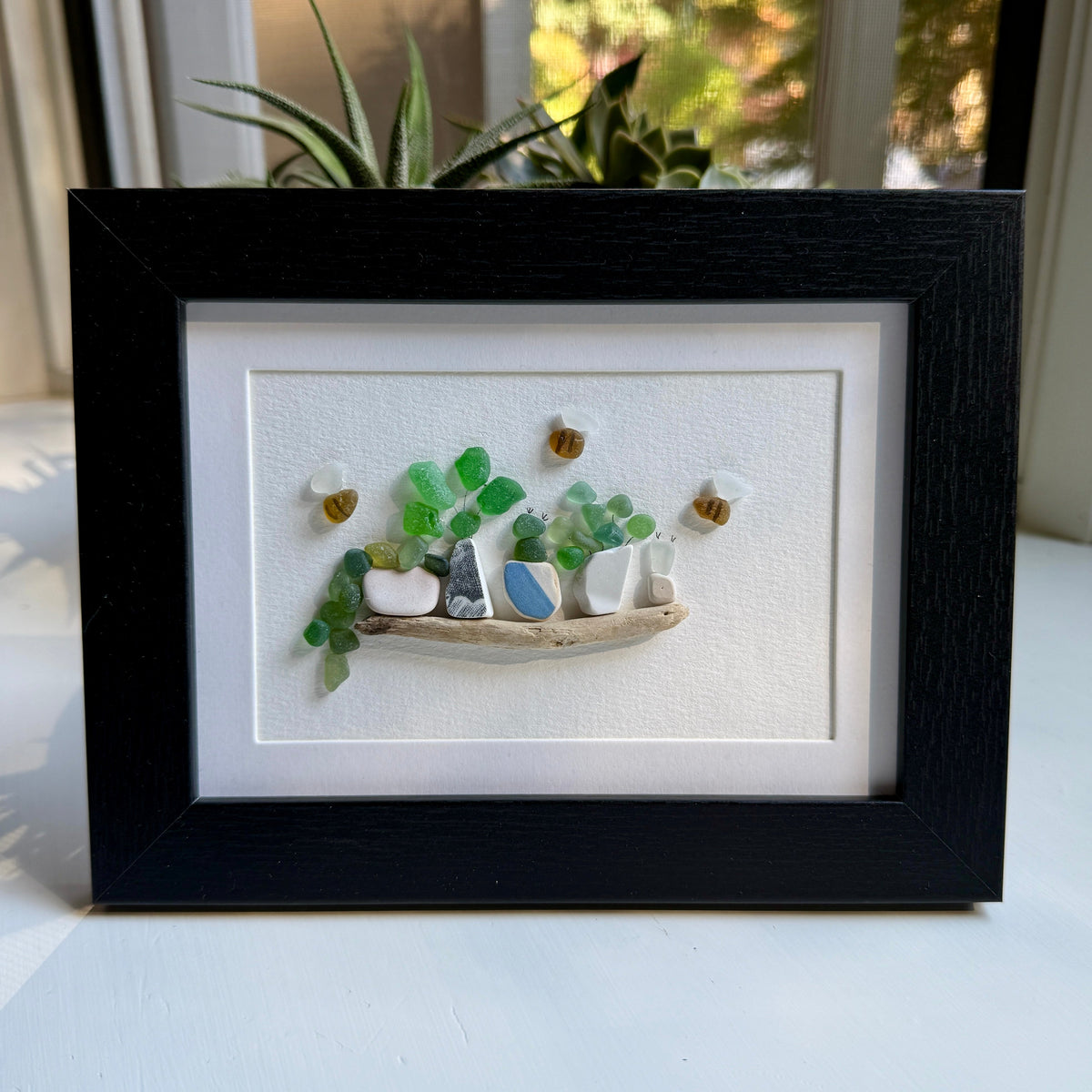 Plants On A Shelf Sea Glass Art | Framed 5x7 Wall Decor | Handmade Beach Gift for the Plant Lover