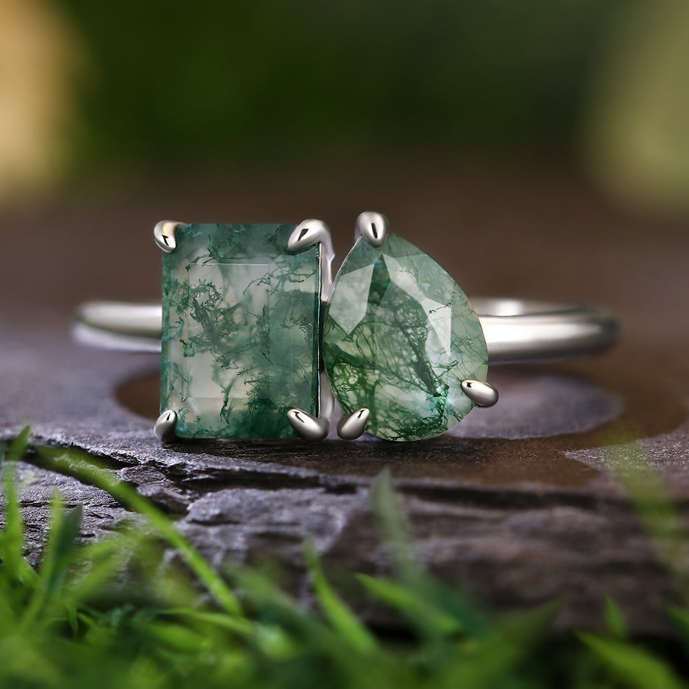 6x8mm Emerald & 6x8mm Pear Cut Toi et Moi Moss Agate Nature-Inspired Engagement Ring