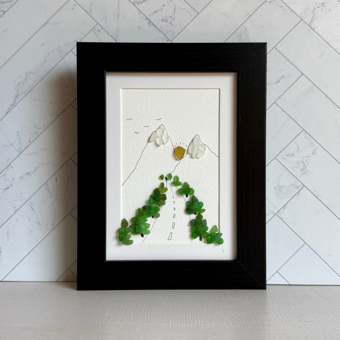 Mountain Highway Sea Glass Art | Framed 5x7 Wall Decor | Handmade Gift for Outdoor Enthusiast