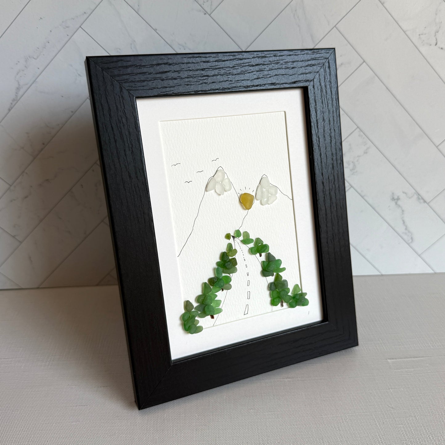 Mountain Highway Sea Glass Art | Framed 5x7 Wall Decor | Handmade Gift for Outdoor Enthusiast