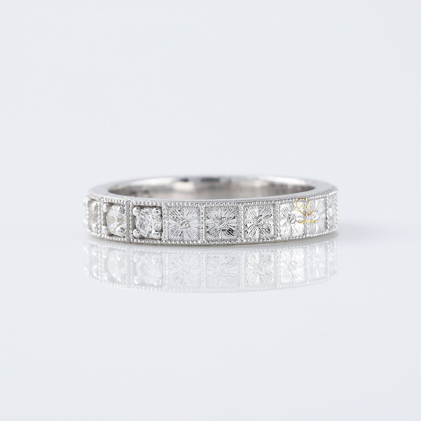 Five Stone Moissanite Antique Milgrain Wedding Band