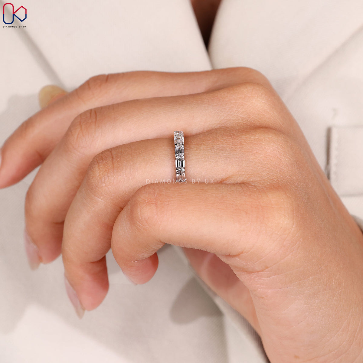 White Gold Emerald Diamond Eternity Band