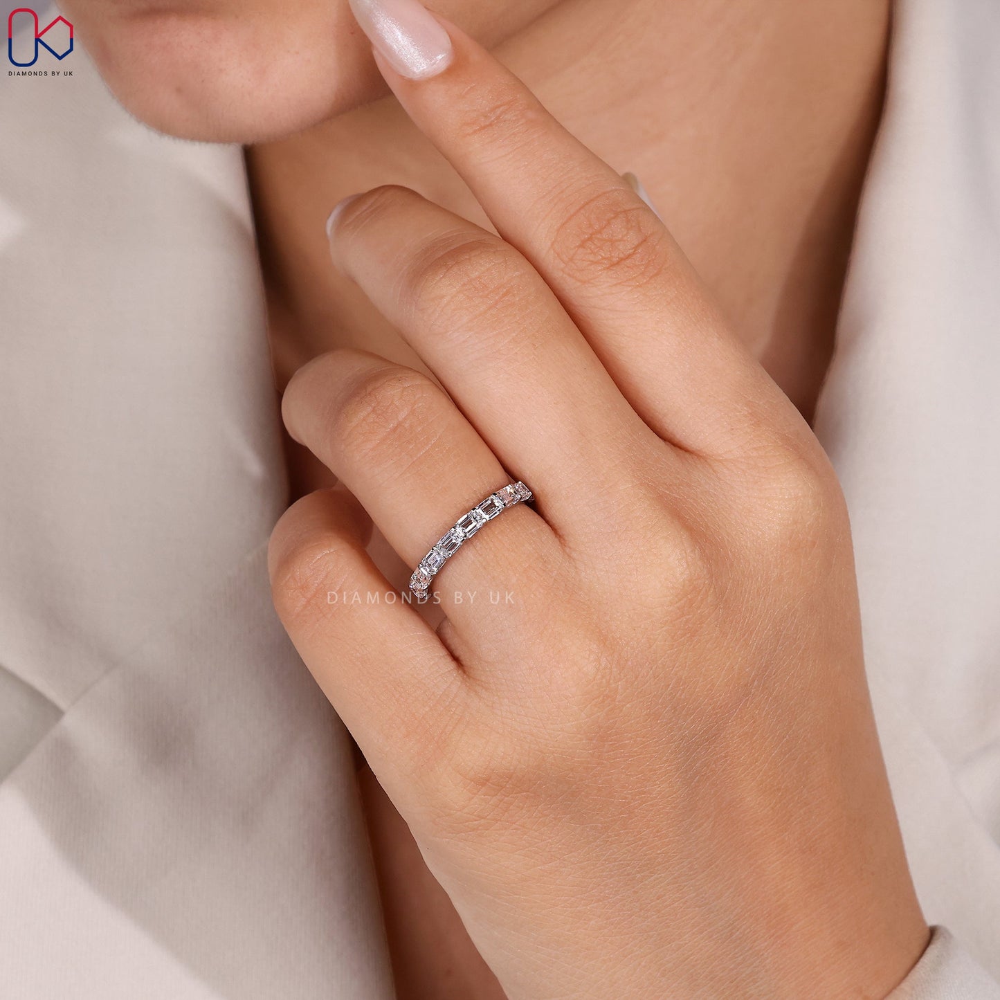 White Gold Emerald Diamond Eternity Band