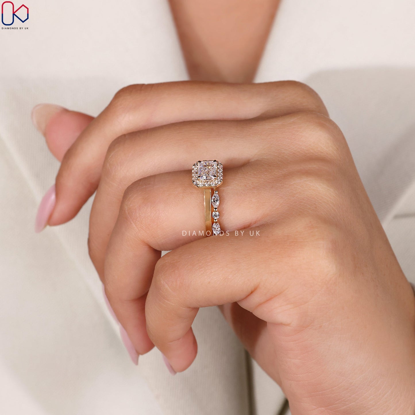Emerald Ring with Wedding Band Yellow Gold Bridal Set