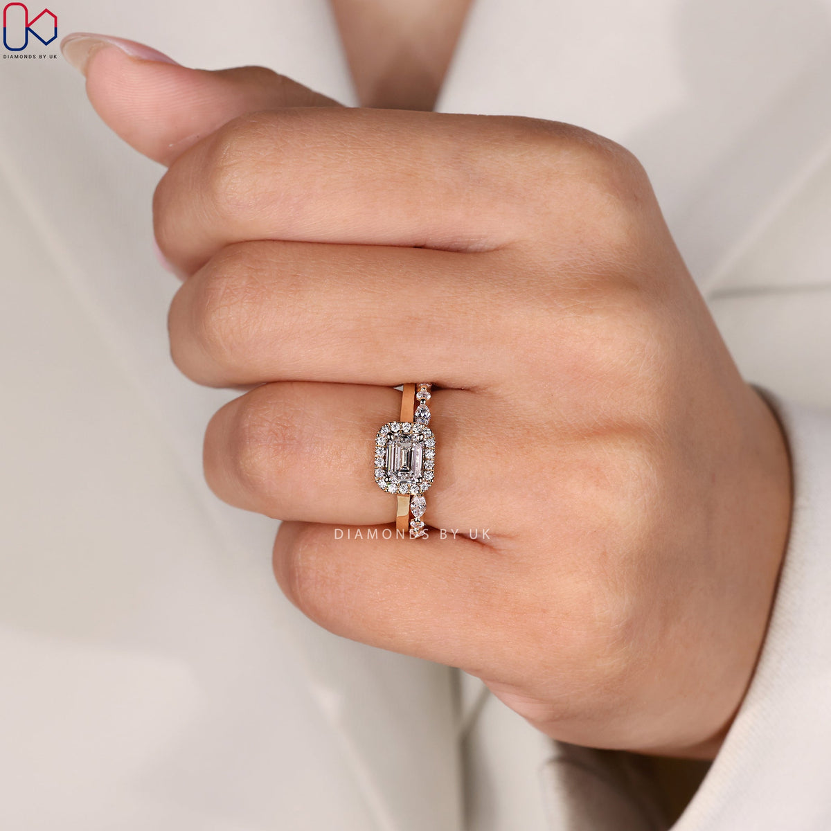Emerald Ring with Wedding Band Yellow Gold Bridal Set