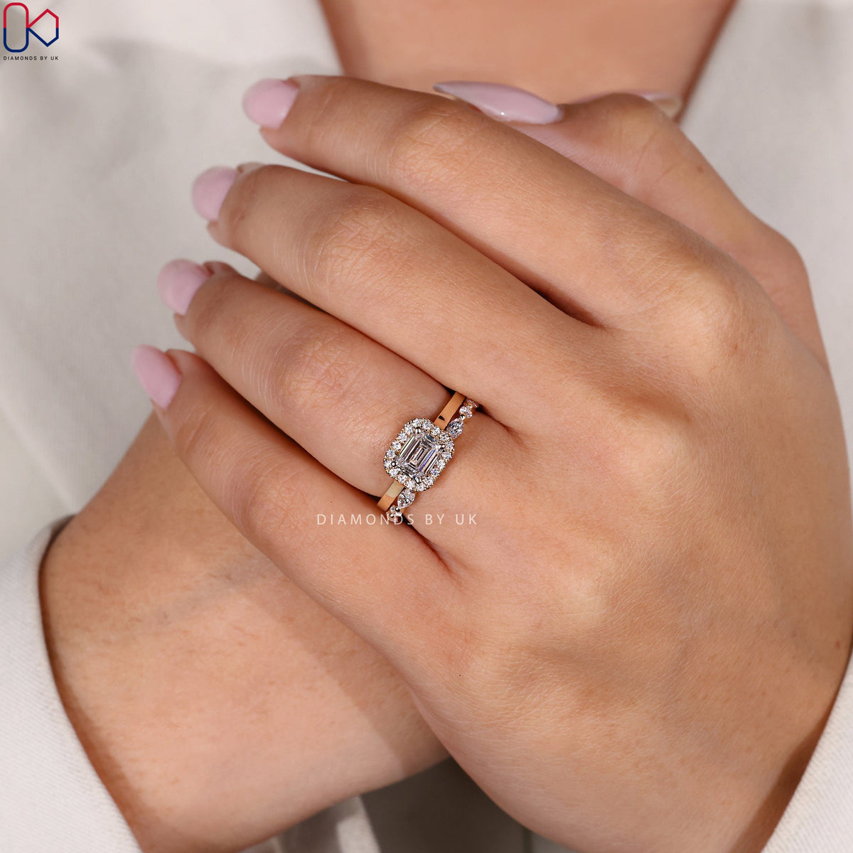 Emerald Ring with Wedding Band Yellow Gold Bridal Set