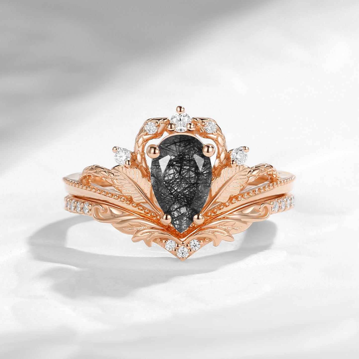 Gothic Nature Inspired Pear Cut Black Rutilated Quartz Engagement Ring Set 2pcs - Serpent's Embrace