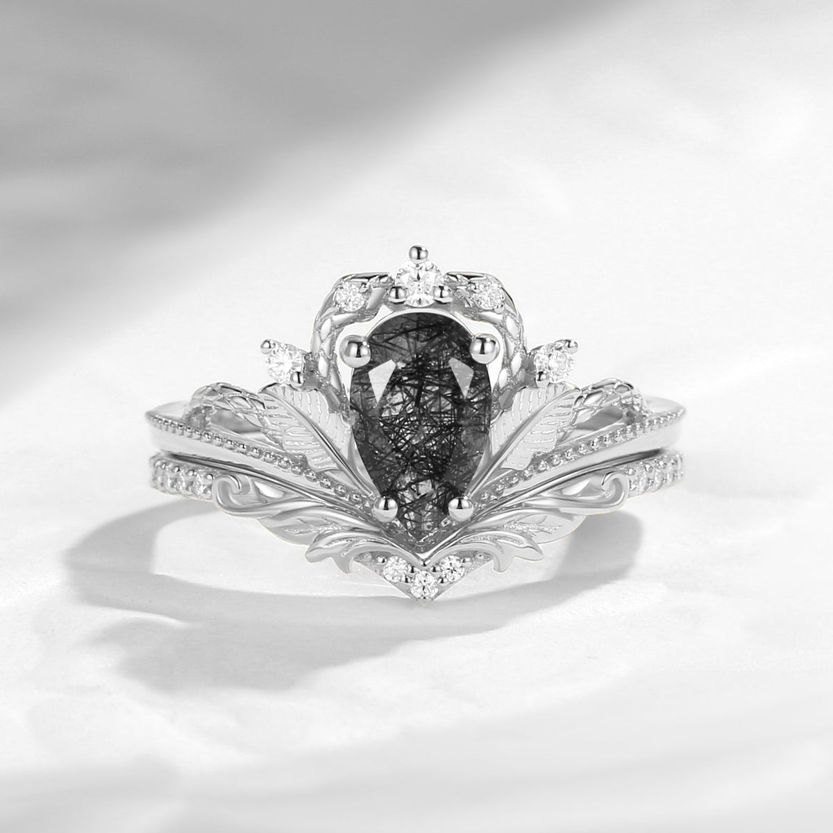 Gothic Nature Inspired Pear Cut Black Rutilated Quartz Engagement Ring Set 2pcs - Serpent's Embrace