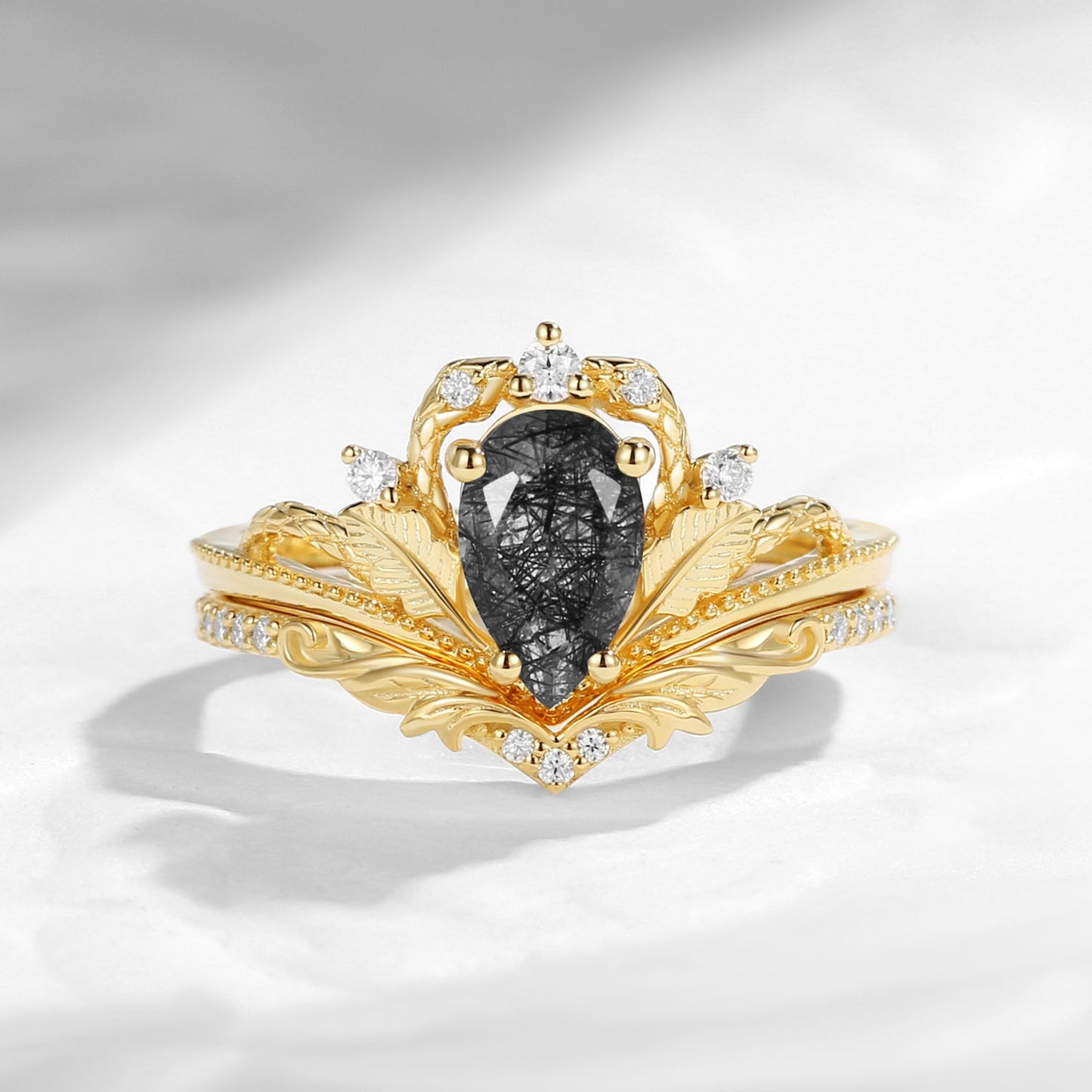 Gothic Nature Inspired Pear Cut Black Rutilated Quartz Engagement Ring Set 2pcs - Serpent's Embrace
