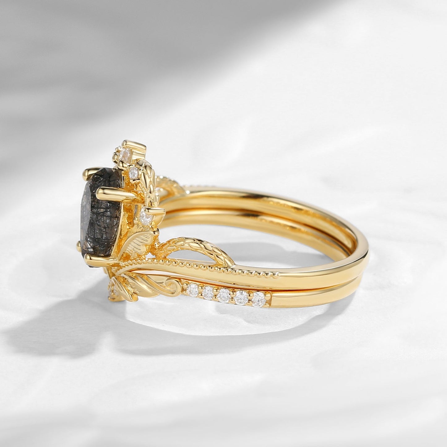 Gothic Nature Inspired Pear Cut Black Rutilated Quartz Engagement Ring Set 2pcs - Serpent's Embrace