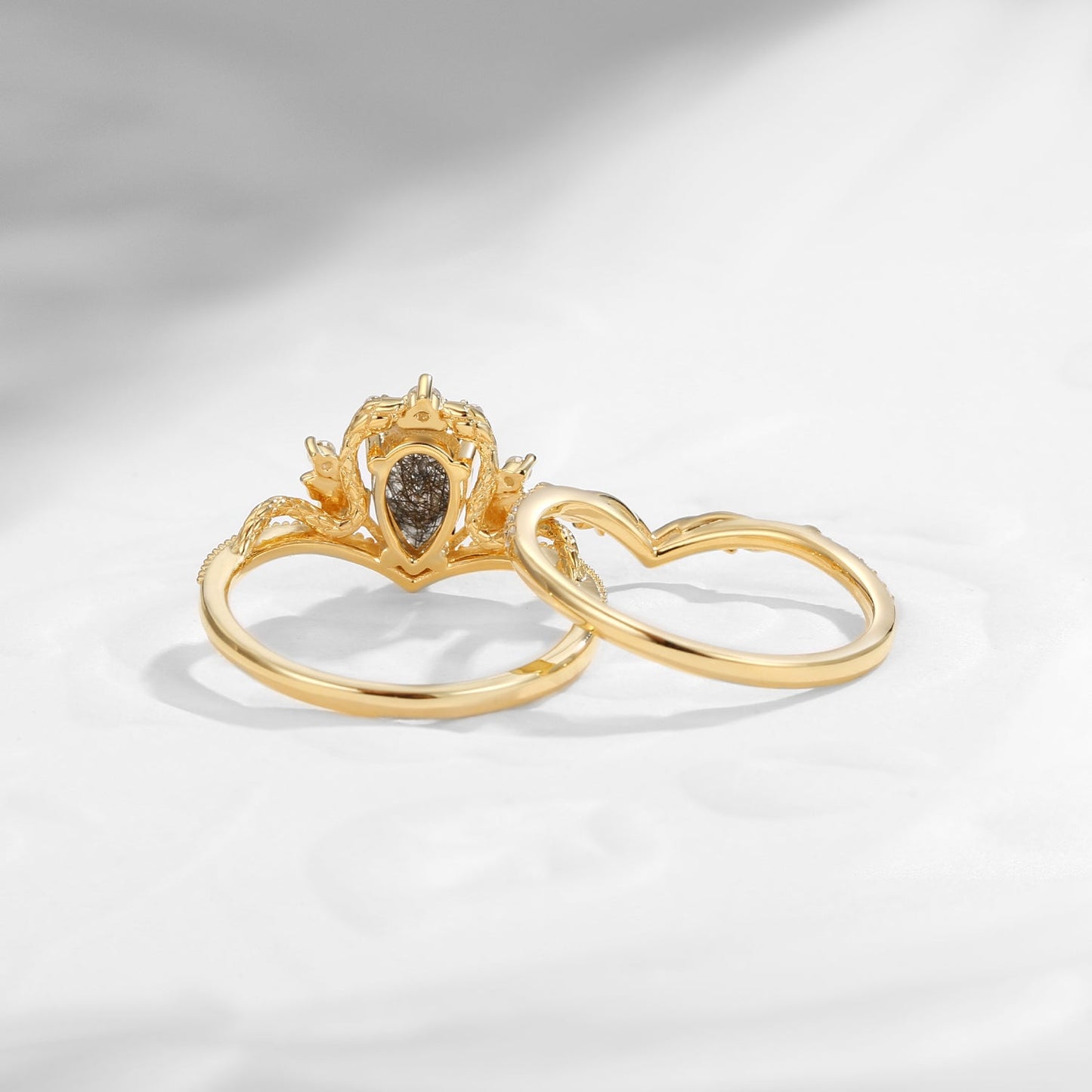 Gothic Nature Inspired Pear Cut Black Rutilated Quartz Engagement Ring Set 2pcs - Serpent's Embrace