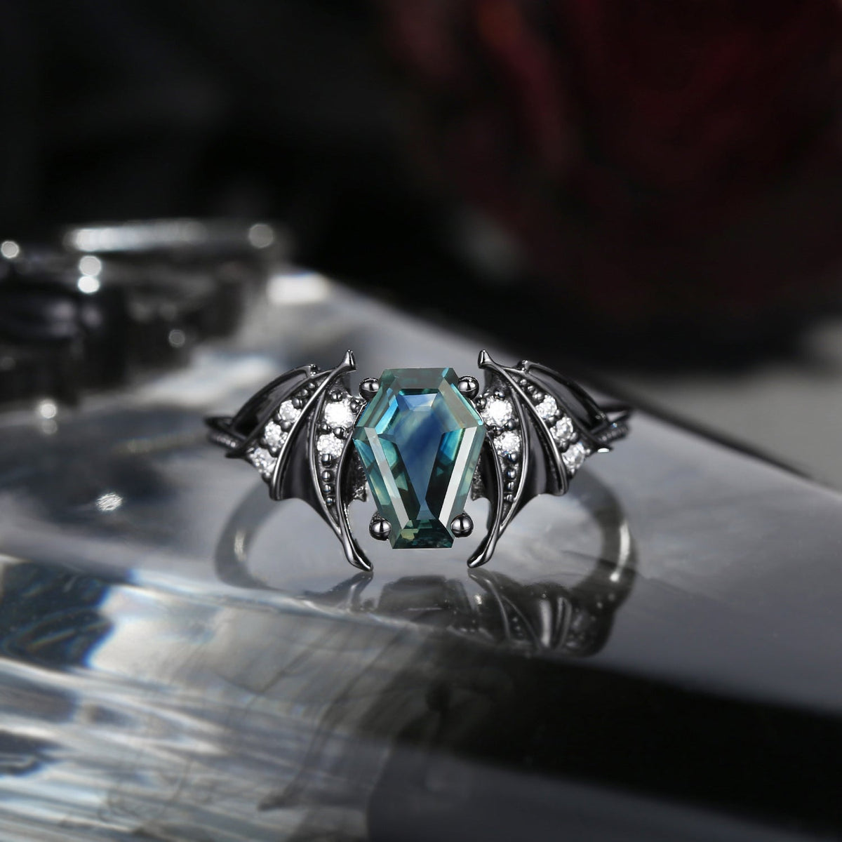 Bat Ring - Coffin Cut Natural Teal Sapphire Bat Wing Engagement Ring with Milgrain Band