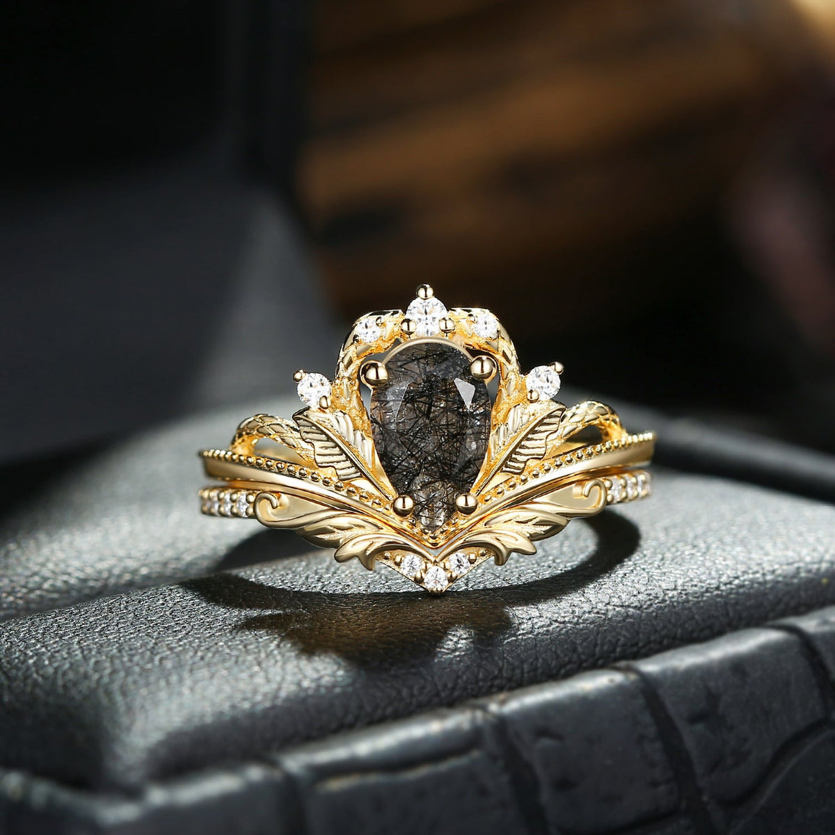 Gothic Nature Inspired Pear Cut Black Rutilated Quartz Engagement Ring Set 2pcs - Serpent's Embrace