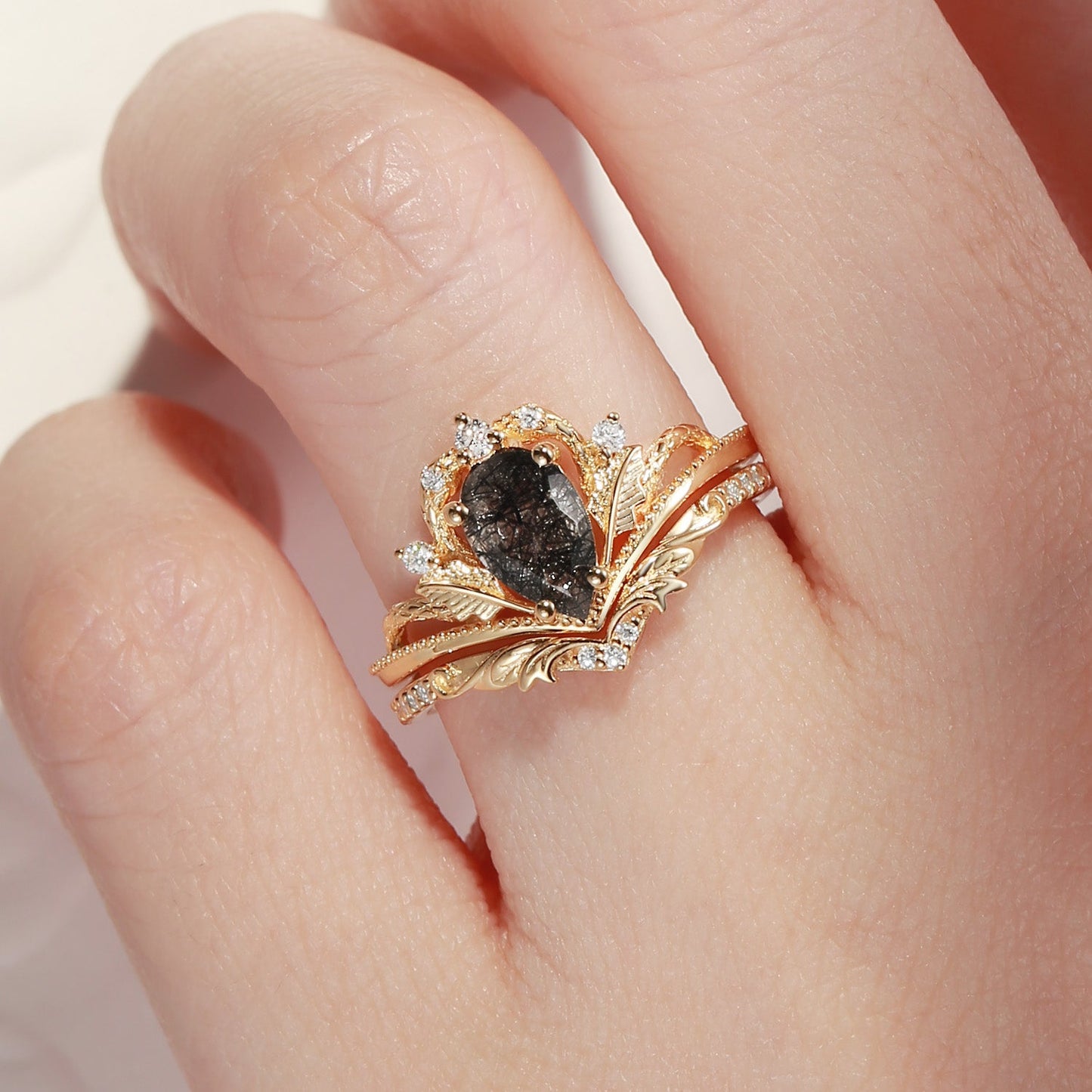 Gothic Nature Inspired Pear Cut Black Rutilated Quartz Engagement Ring Set 2pcs - Serpent's Embrace