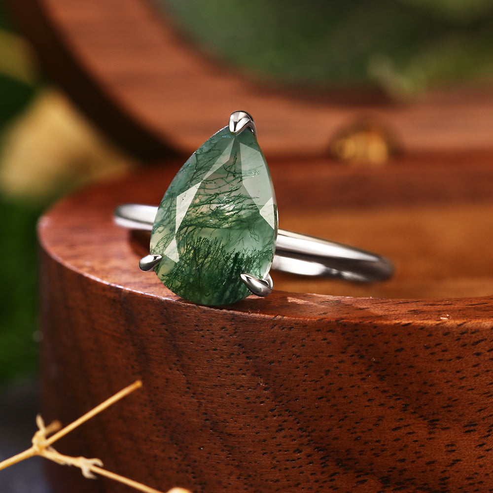 8x12mm Pear Cut Moss Agate Solitaire Minimalist Nature-Inspired Engagement Ring