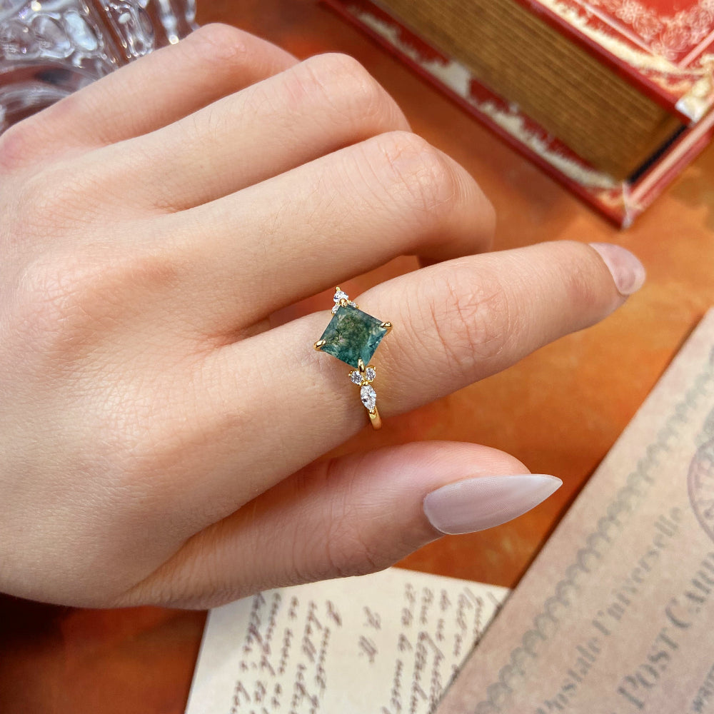Nature Inspired 7x7mm Princess Cut Agate Engagement Ring