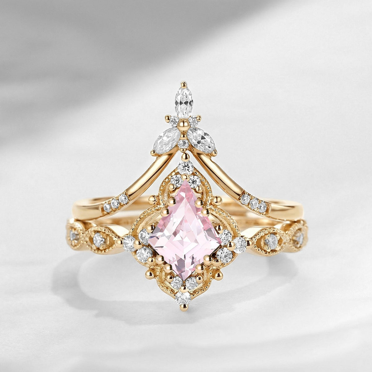 Vintage Inspired - Kite Cut Lab Pink Sapphire Milgrain Bridal Set
