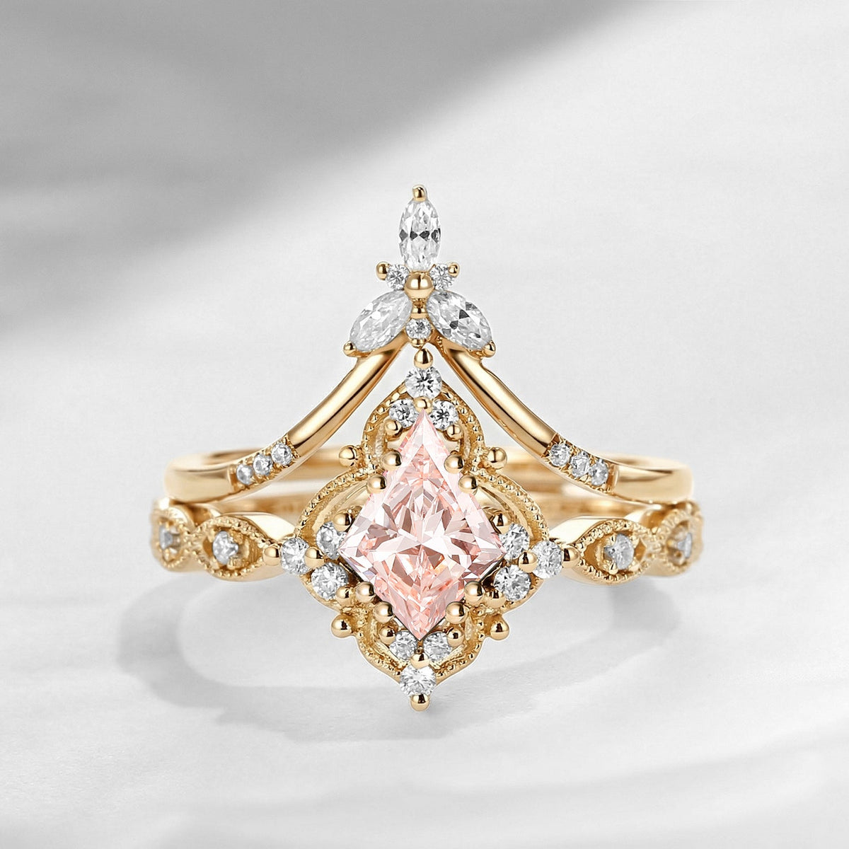 Vintage Inspired Kite Cut Lab Pink Diamond Milgrain Engagement Ring Set 2pcs