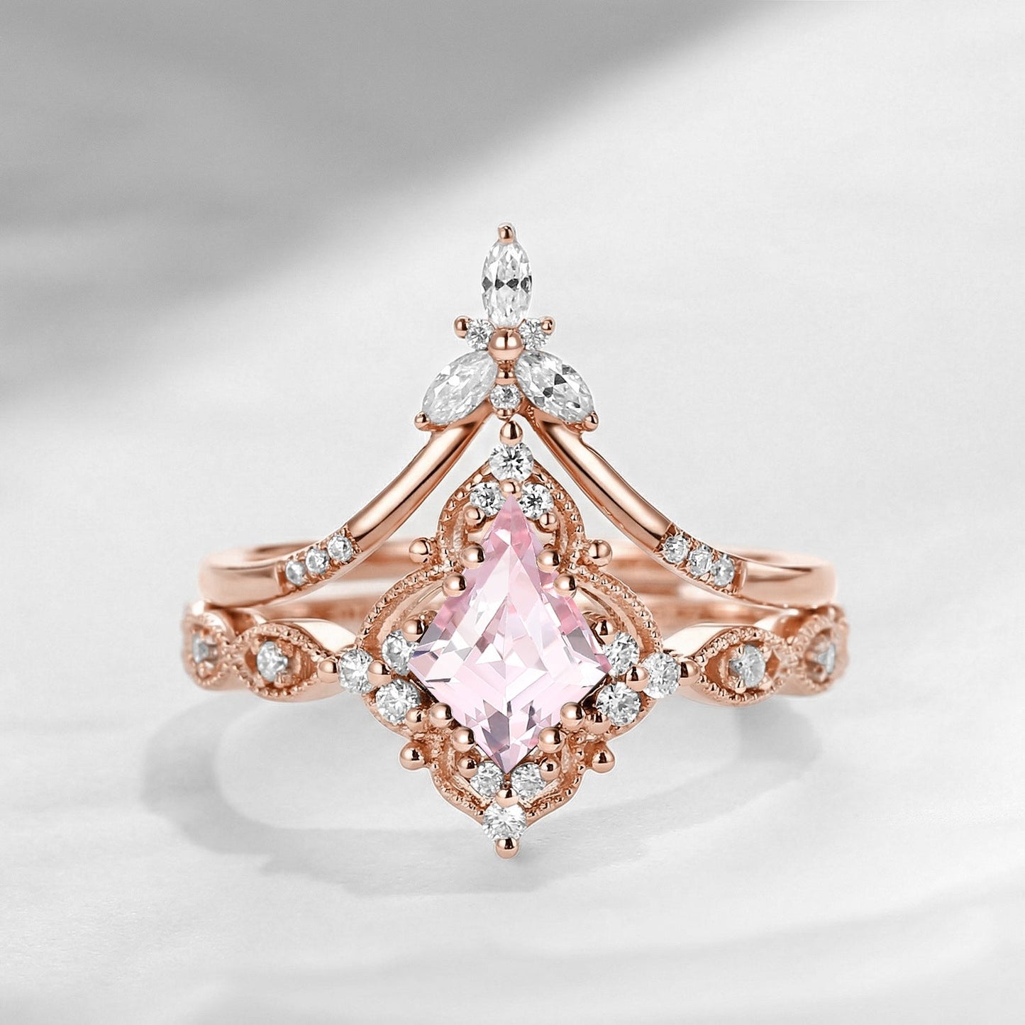 Vintage Inspired - Kite Cut Lab Pink Sapphire Milgrain Bridal Set