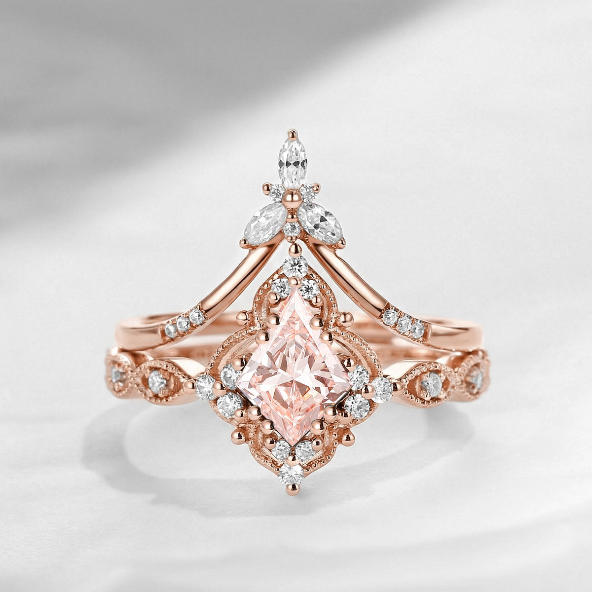 Vintage Inspired Kite Cut Lab Pink Diamond Milgrain Engagement Ring Set 2pcs
