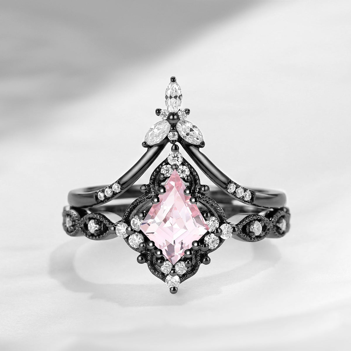 Vintage Inspired - Kite Cut Lab Pink Sapphire Milgrain Bridal Set