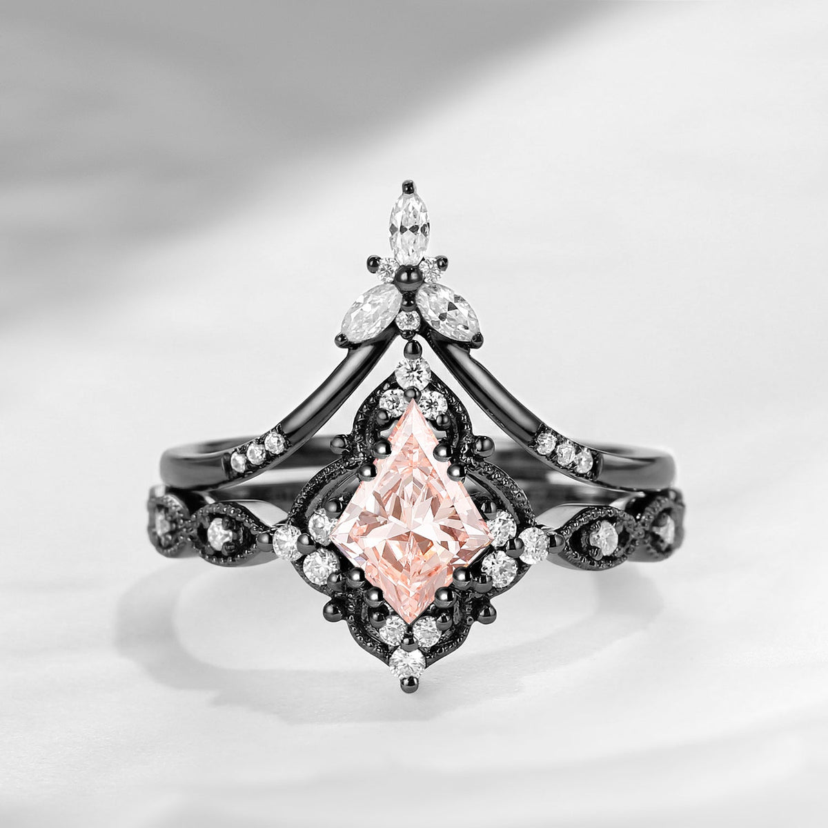 Vintage Inspired Kite Cut Lab Pink Diamond Milgrain Engagement Ring Set 2pcs