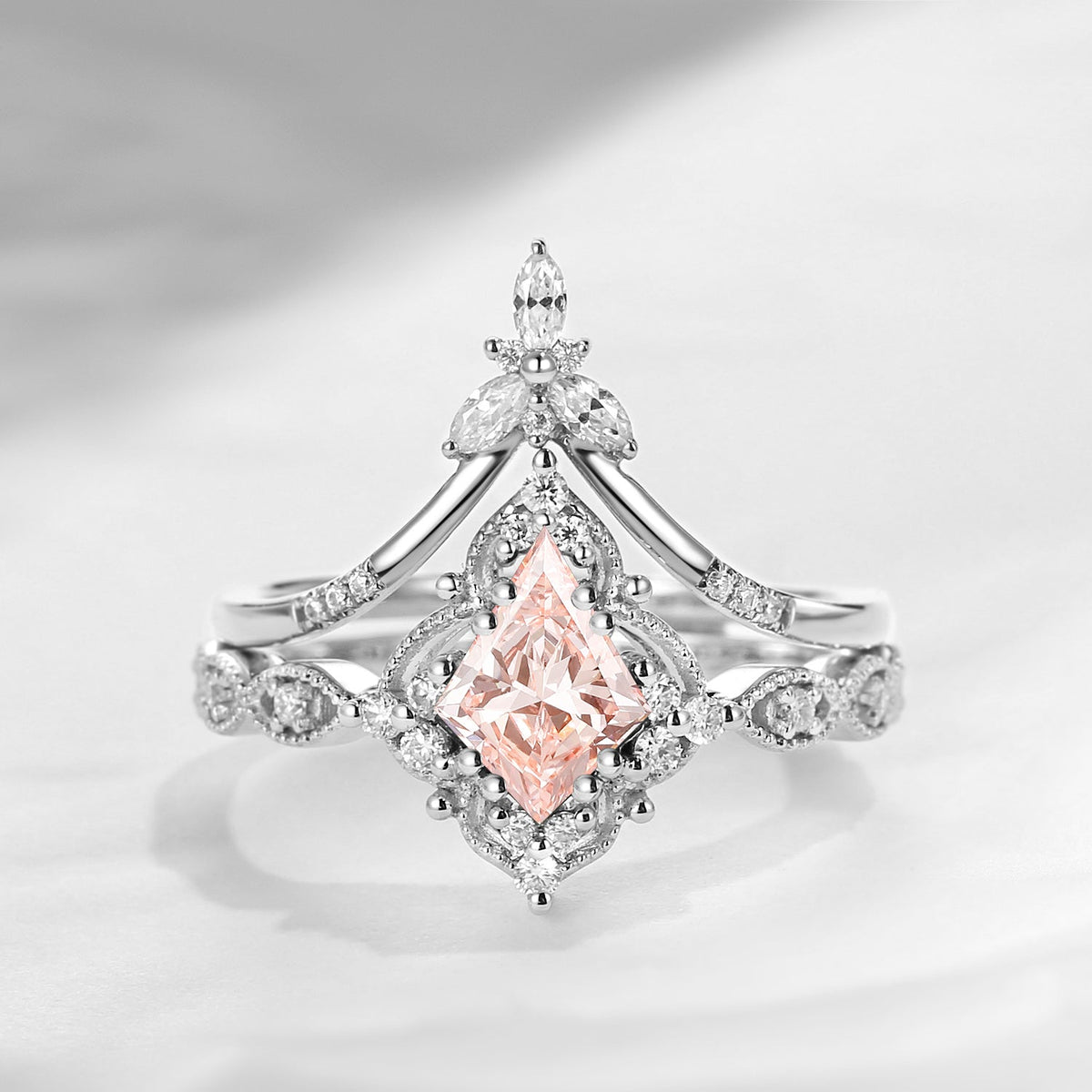Vintage Inspired Kite Cut Lab Pink Diamond Milgrain Engagement Ring Set 2pcs