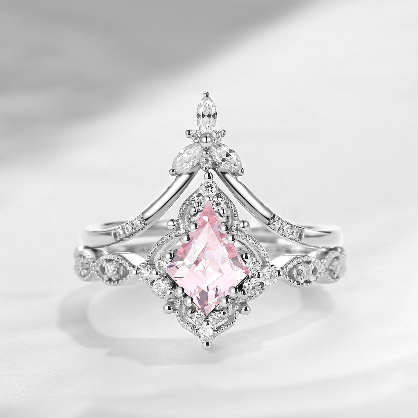 Vintage Inspired - Kite Cut Lab Pink Sapphire Milgrain Bridal Set