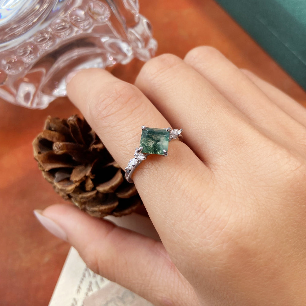 Nature Inspired 7x7mm Princess Cut Agate Engagement Ring