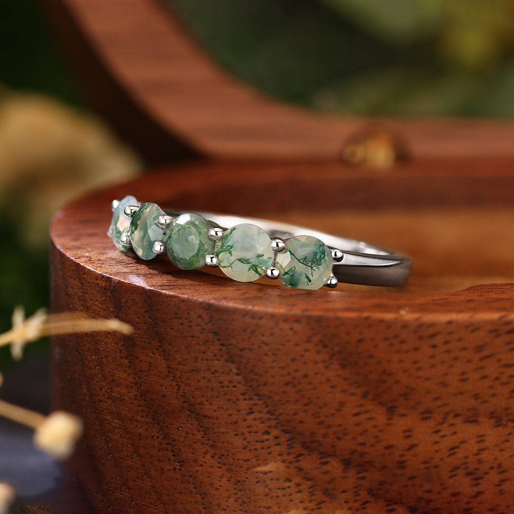 5mm Round Cut Moss Agate Half Eternity Minimalist Engagement Ring