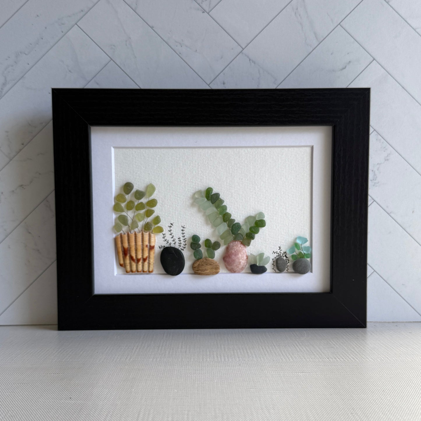 Succulent Sea Glass Art – 5x7 Framed Botanical Wall Decor | Handmade Coastal Plant Gift