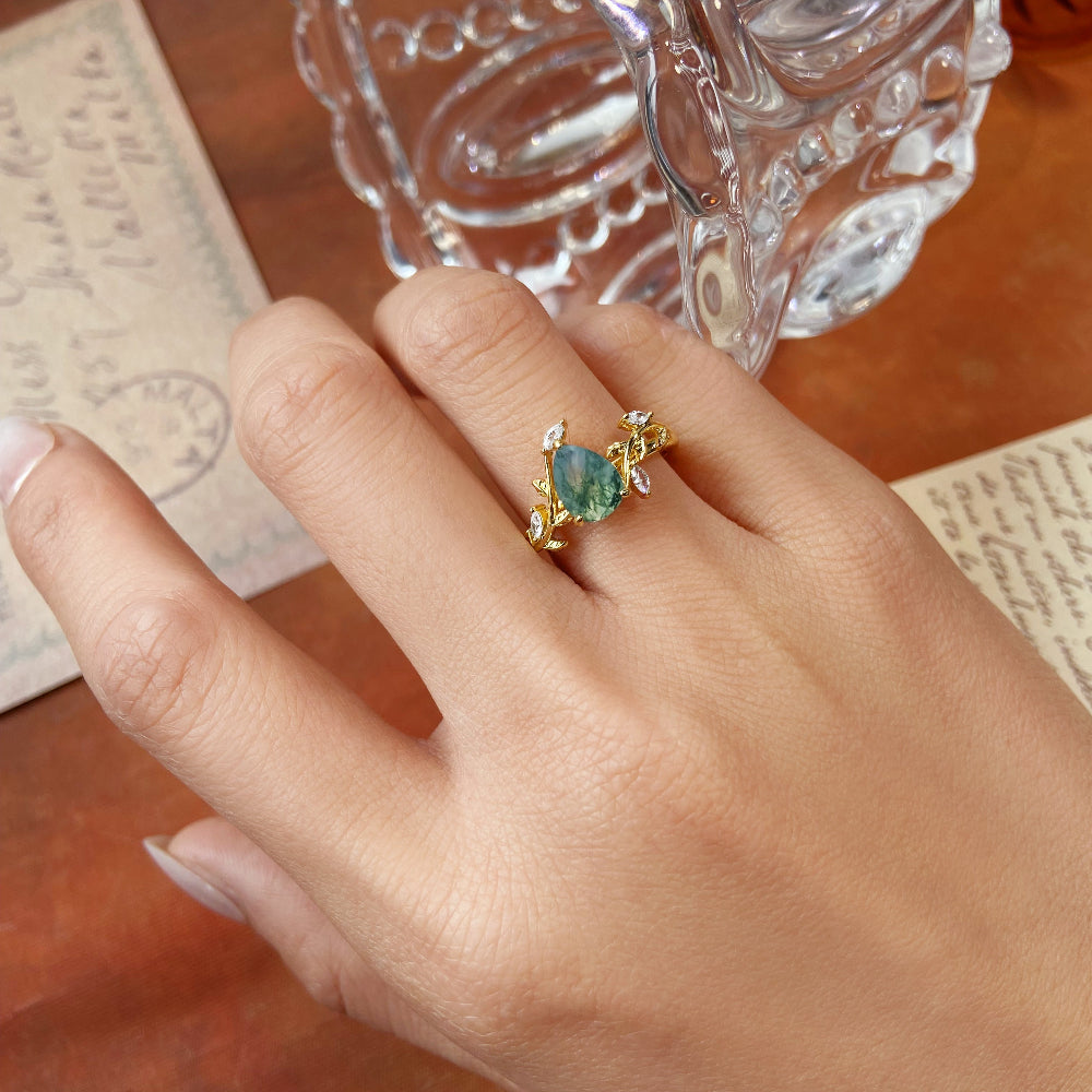Nature Inspired Vine & Leaf 6x8mm Pear Cut Moss Agate Engagement Ring