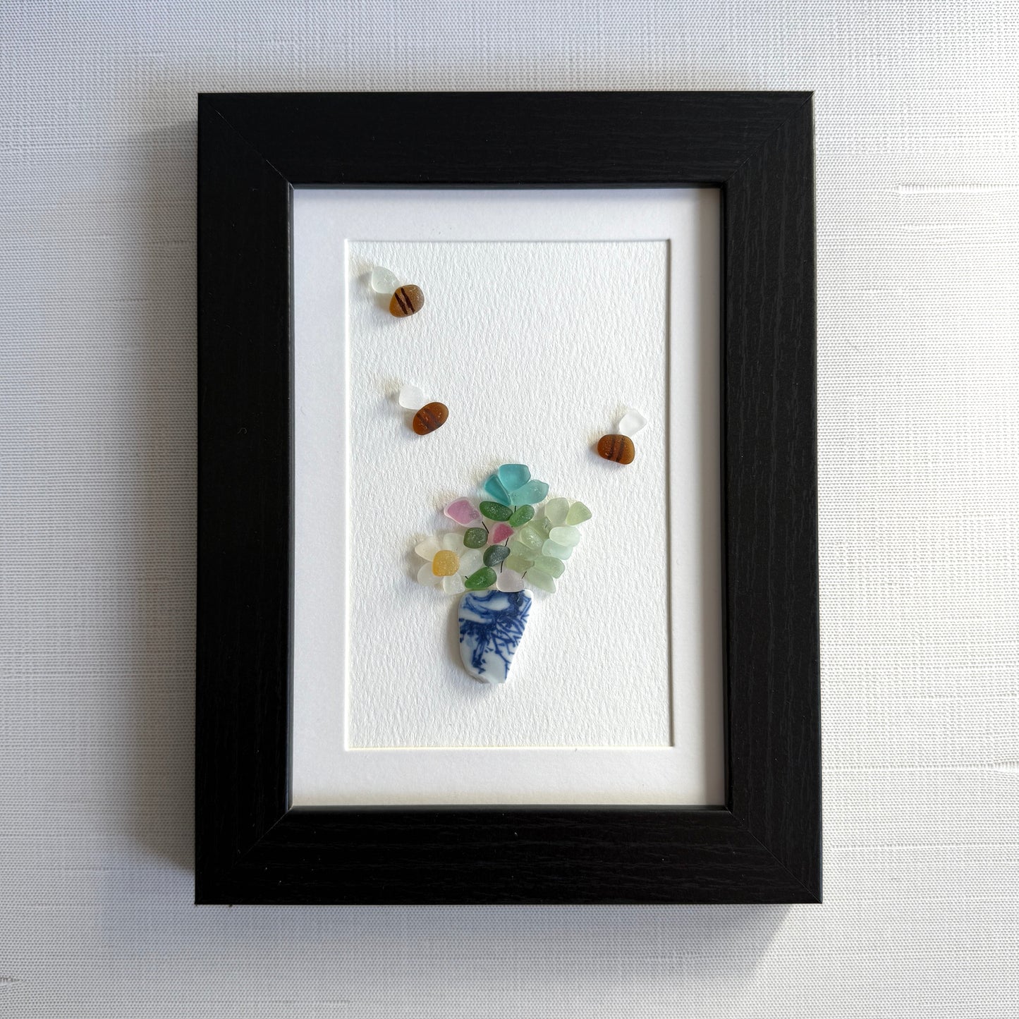 Flowers in a Blue Vase Sea Glass Art| Framed 5x7 Wall Decor | Handmade Beach Gift for Plant Lovers
