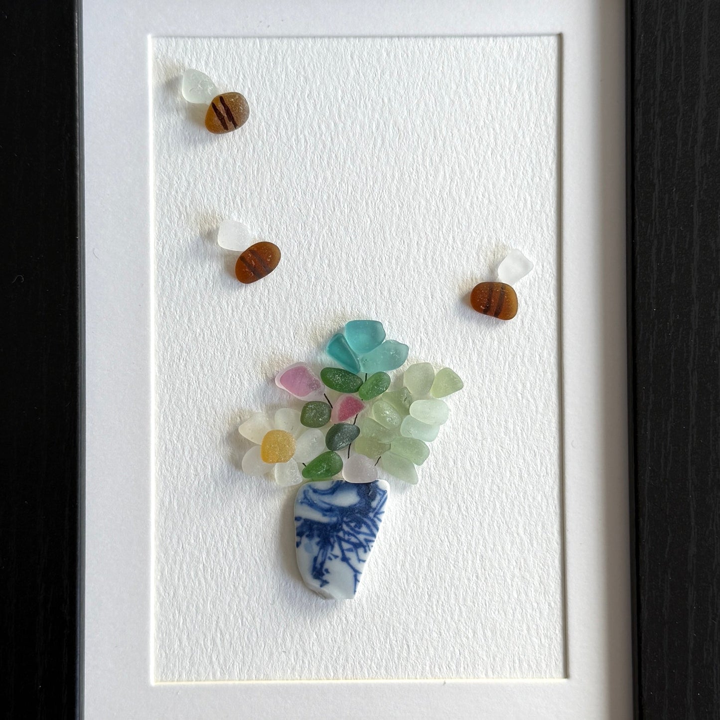 Flowers in a Blue Vase Sea Glass Art| Framed 5x7 Wall Decor | Handmade Beach Gift for Plant Lovers