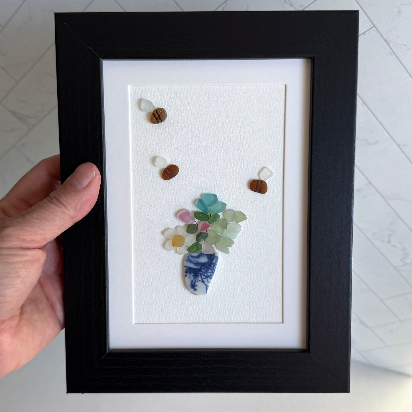 Flowers in a Blue Vase Sea Glass Art| Framed 5x7 Wall Decor | Handmade Beach Gift for Plant Lovers