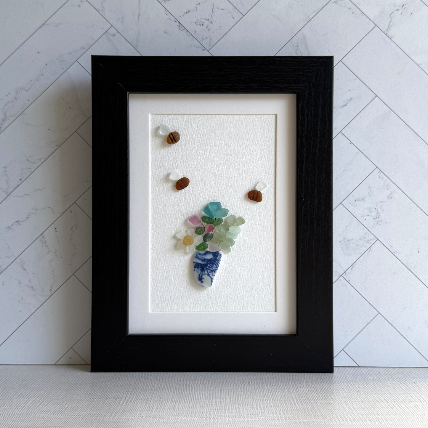 Flowers in a Blue Vase Sea Glass Art| Framed 5x7 Wall Decor | Handmade Beach Gift for Plant Lovers