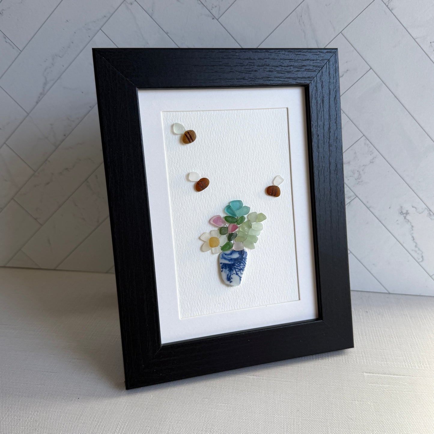 Flowers in a Blue Vase Sea Glass Art| Framed 5x7 Wall Decor | Handmade Beach Gift for Plant Lovers