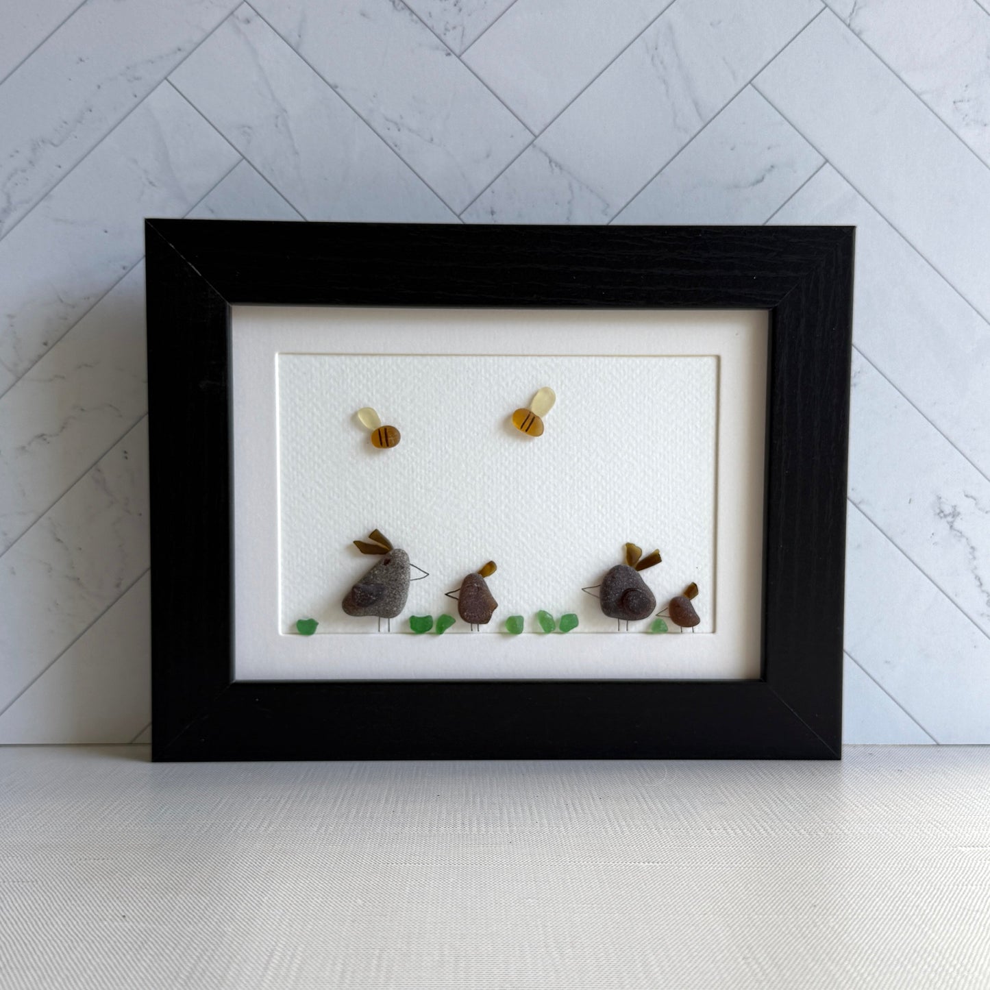 Chicken and Hens Sea Glass Art | 5x7 Baryard Farm Wall Art | Handmade Whimsical Gift