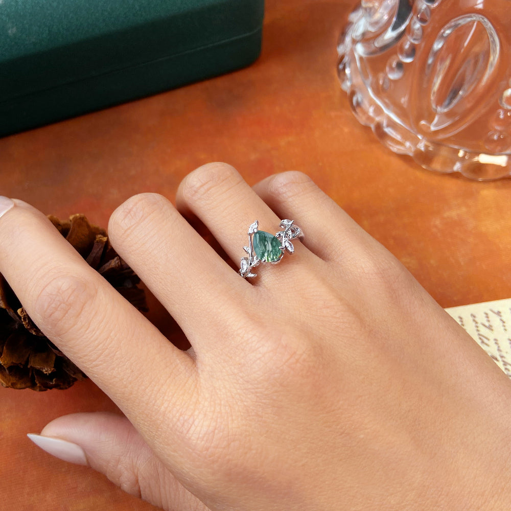 Nature Inspired Vine & Leaf 6x8mm Pear Cut Moss Agate Engagement Ring